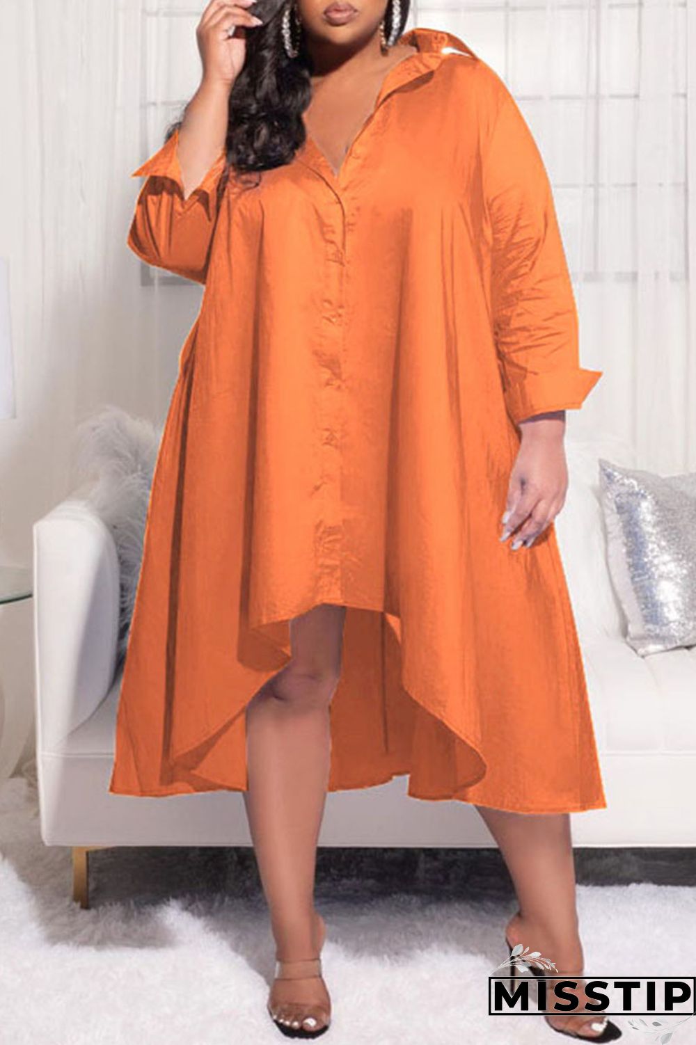 Purple Casual Solid Patchwork Buckle Asymmetrical Turndown Collar Shirt Dress Plus Size