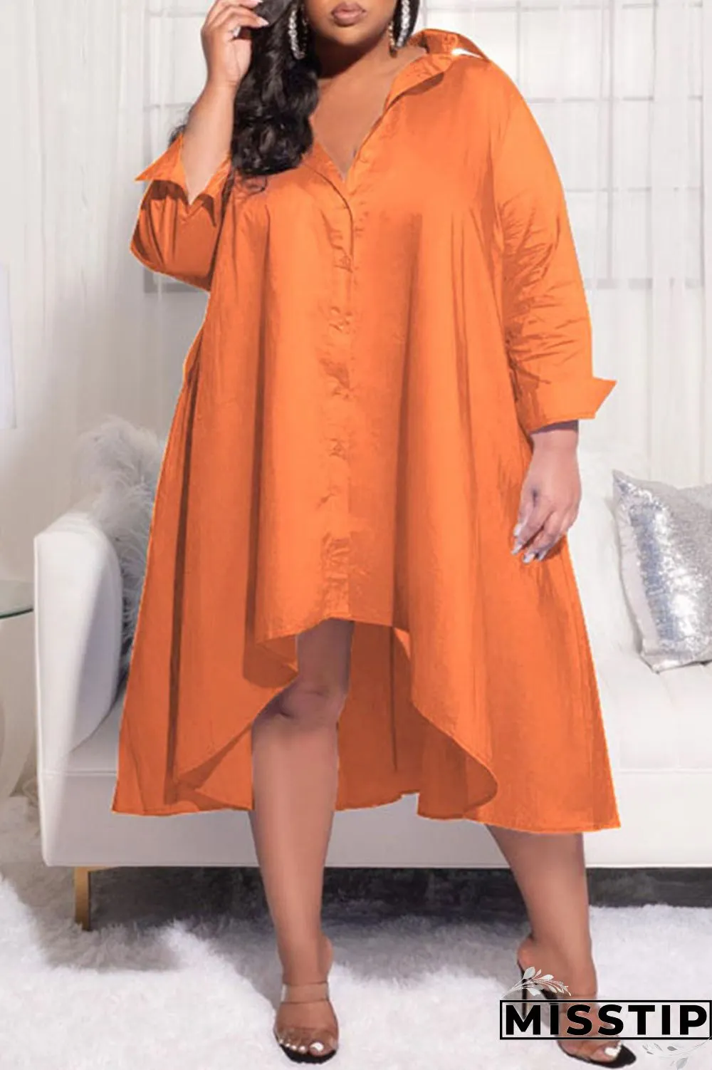 Purple Casual Solid Patchwork Buckle Asymmetrical Turndown Collar Shirt Dress Plus Size