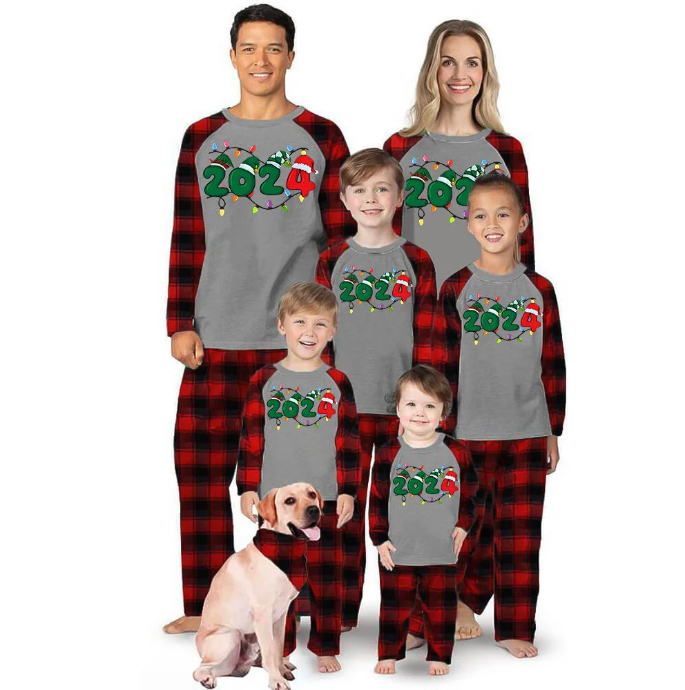 Christmas "2024" Letter Print Black & Red Plaid Family Matching Grey Pajamas With Dog bandana