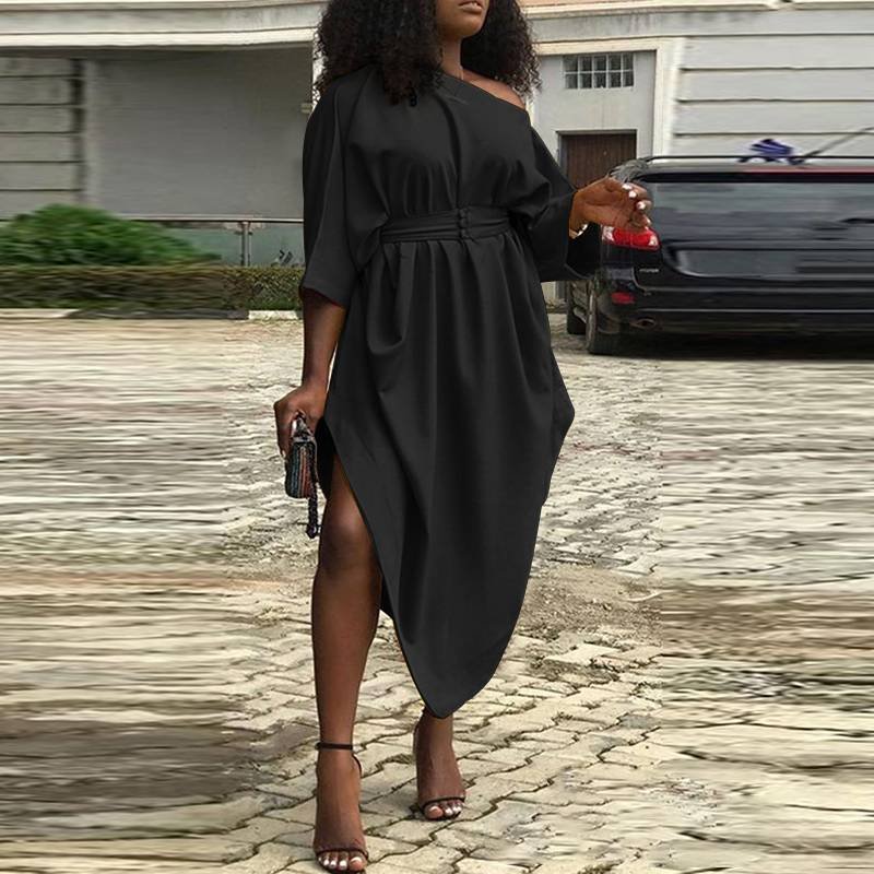 Office Dress Women Sexy Off Shoulder Dress 2022 VONDA High Waist Solid Asymmetrical Party Sundress Casual Midi Vestidos Belted