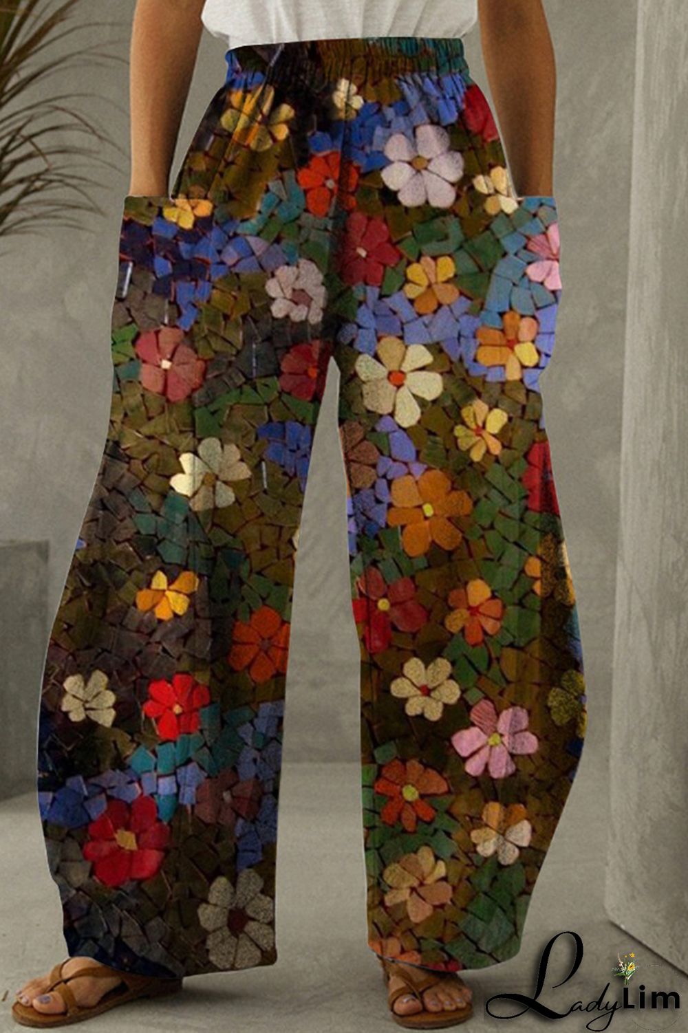 Dark Gray Fashion Casual Print Patchwork Pocket Regular High Waist Trousers