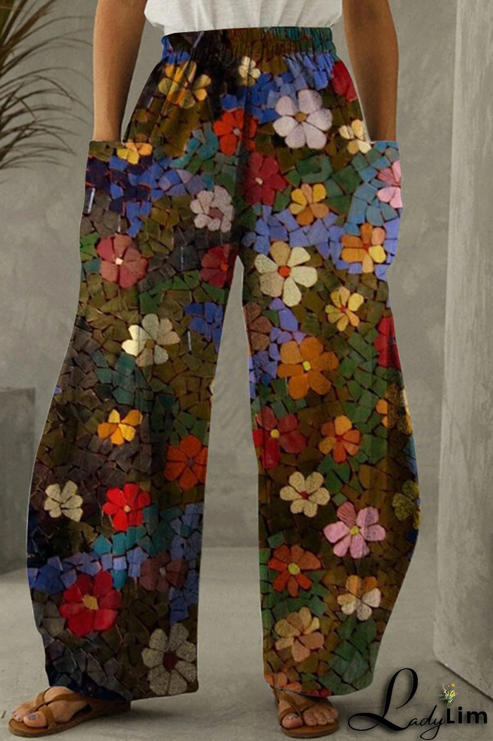 Dark Gray Fashion Casual Print Patchwork Pocket Regular High Waist Trousers