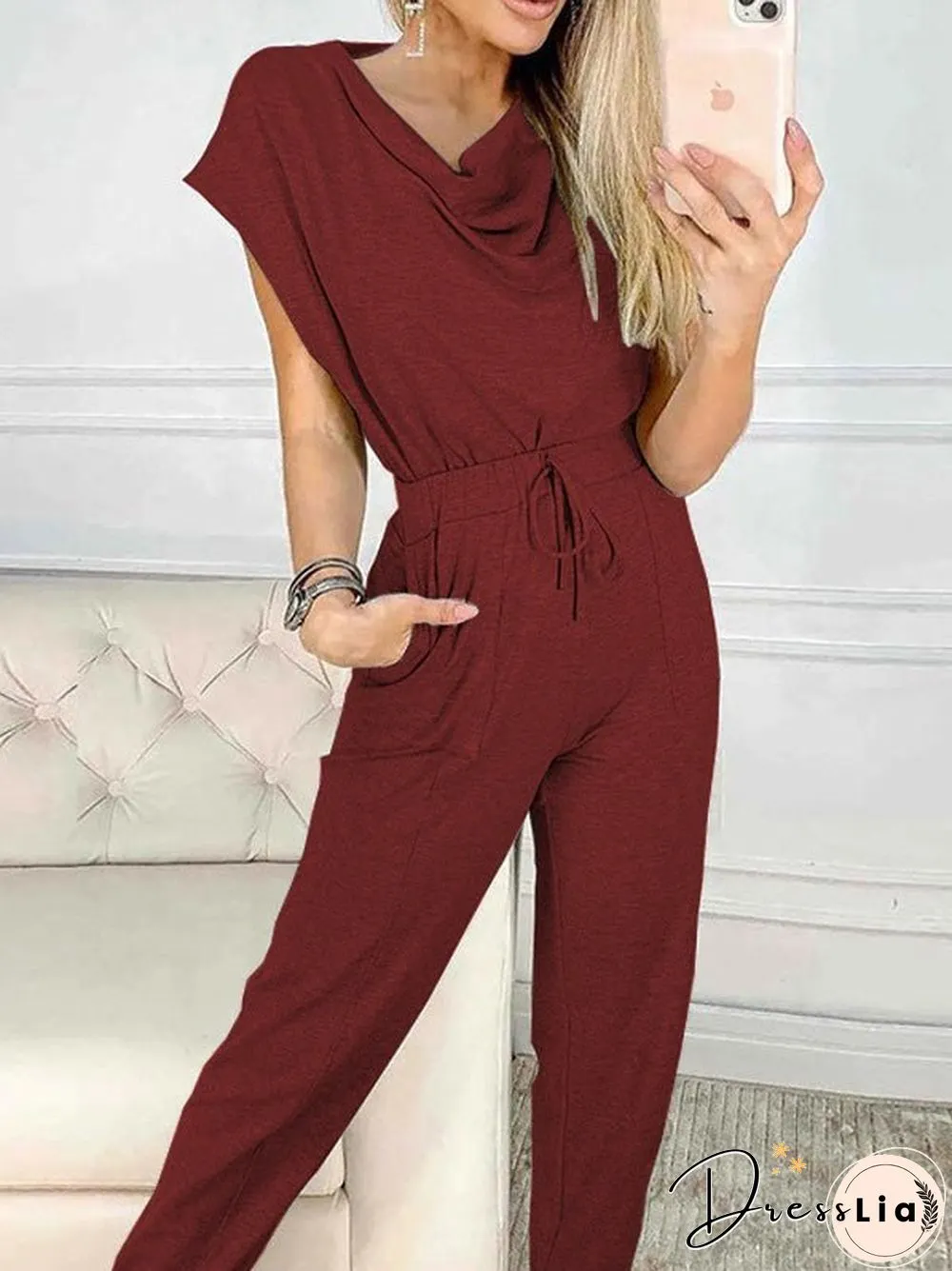 Women'S Jumpsuits Casual Pile Collar Belted Sleeveless Jumpsuit