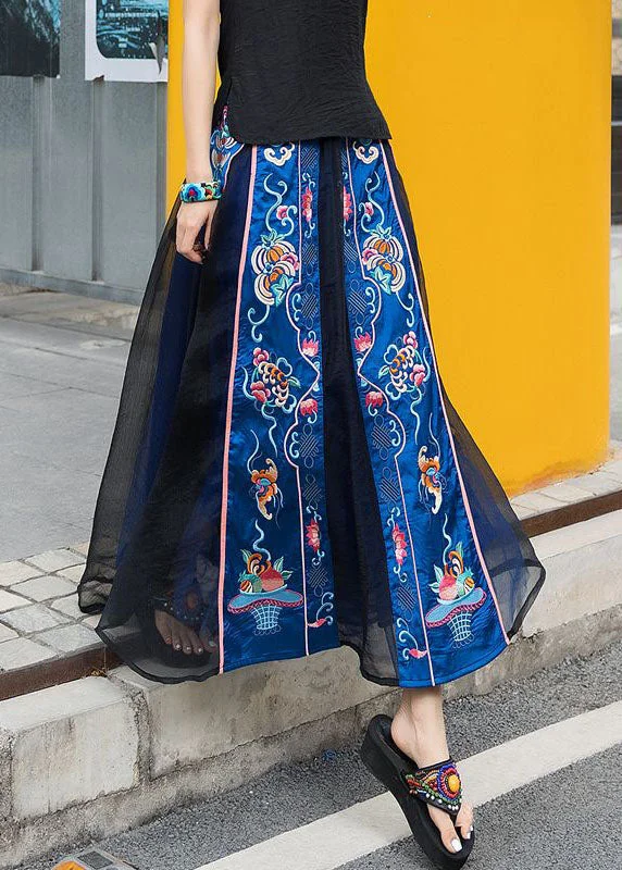 Chinese Style Black Patchwork Embroideried Chiffon Skirts Spring