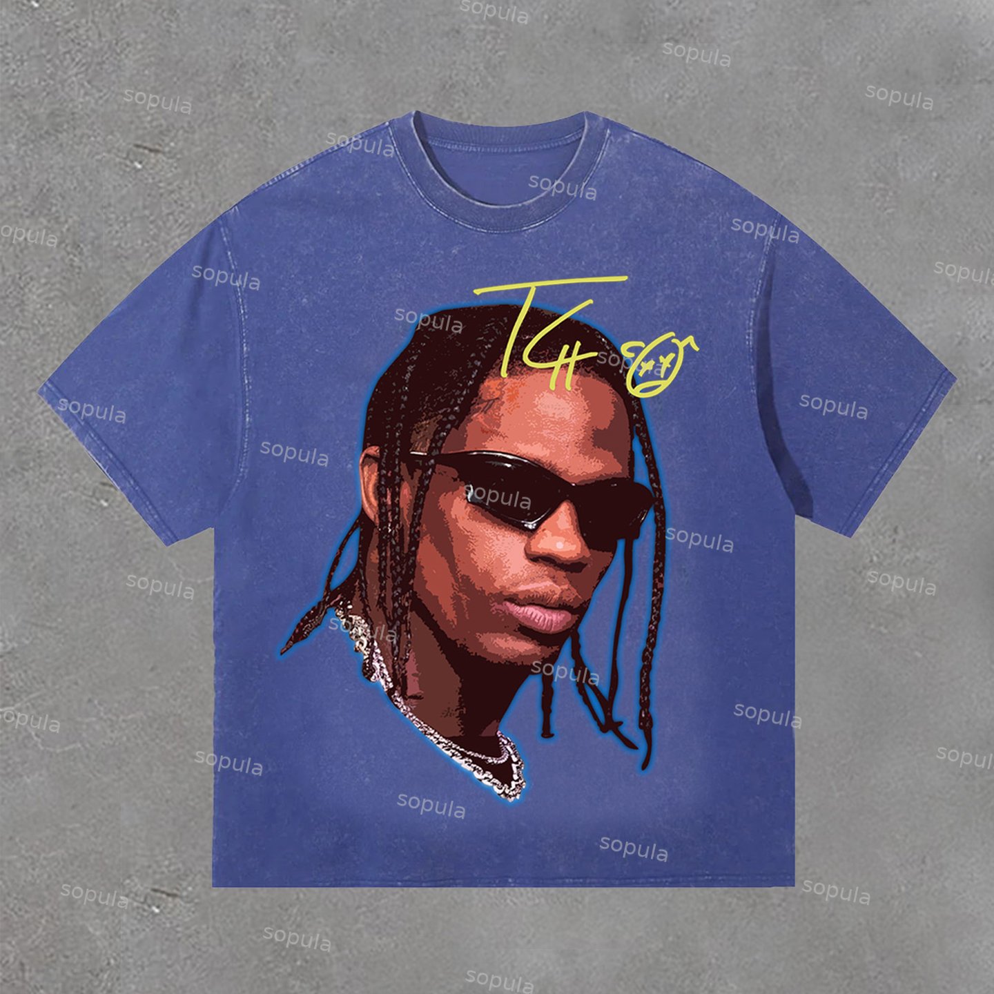 Sopula Vintage Travis Scott Portrait Graphic Print Acid Washed T-Shirt - SOPULA