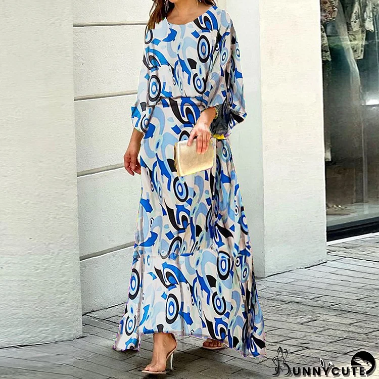 Women Loose Print Long Sleeve Top+Long Dress Two Piece Set