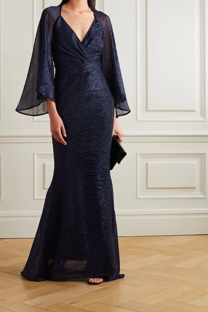 Wrap-effect metallic voile gown