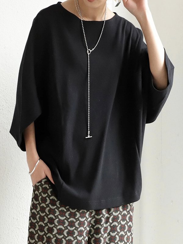 Casual Solid Color Round-Neck Batwing Sleeves T-Shirts
