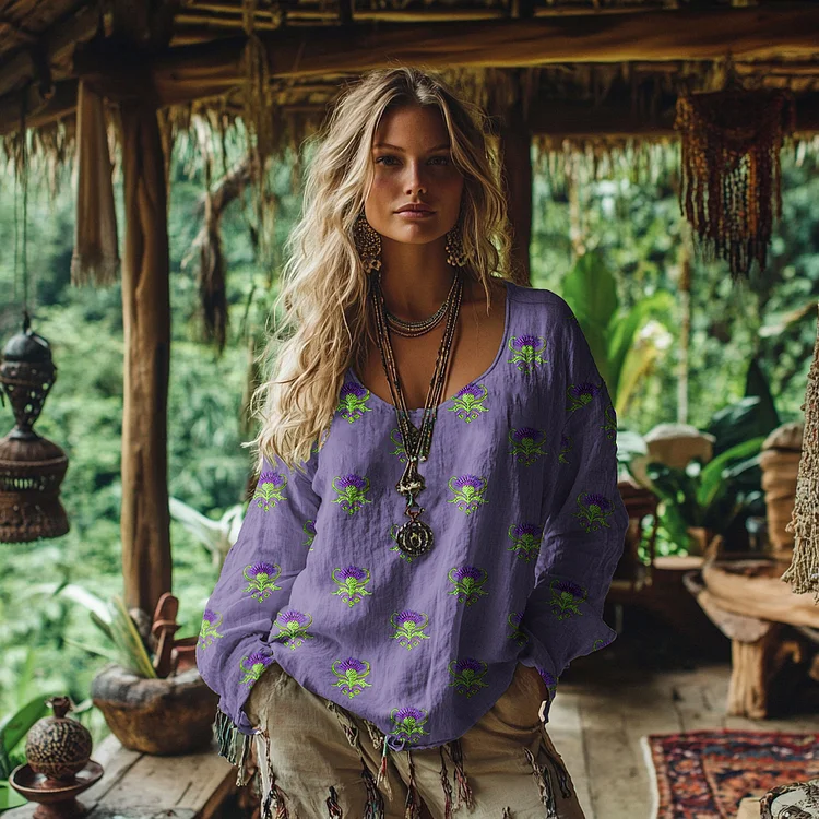 Women's Scottish Thistle Embroidery Print Round Neck T-shirt