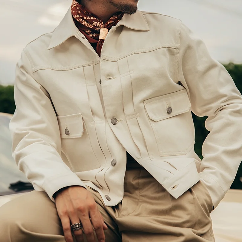 Vintage White Cotton Fabric Red Ear Denim Jacket