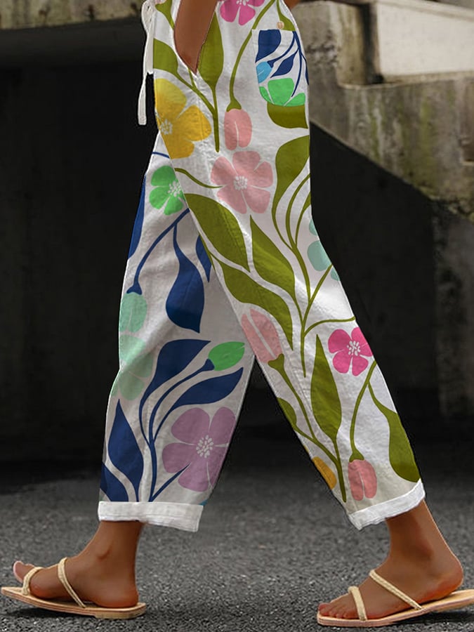 Botanical Floral Print Paneled Casual Baggy Trousers