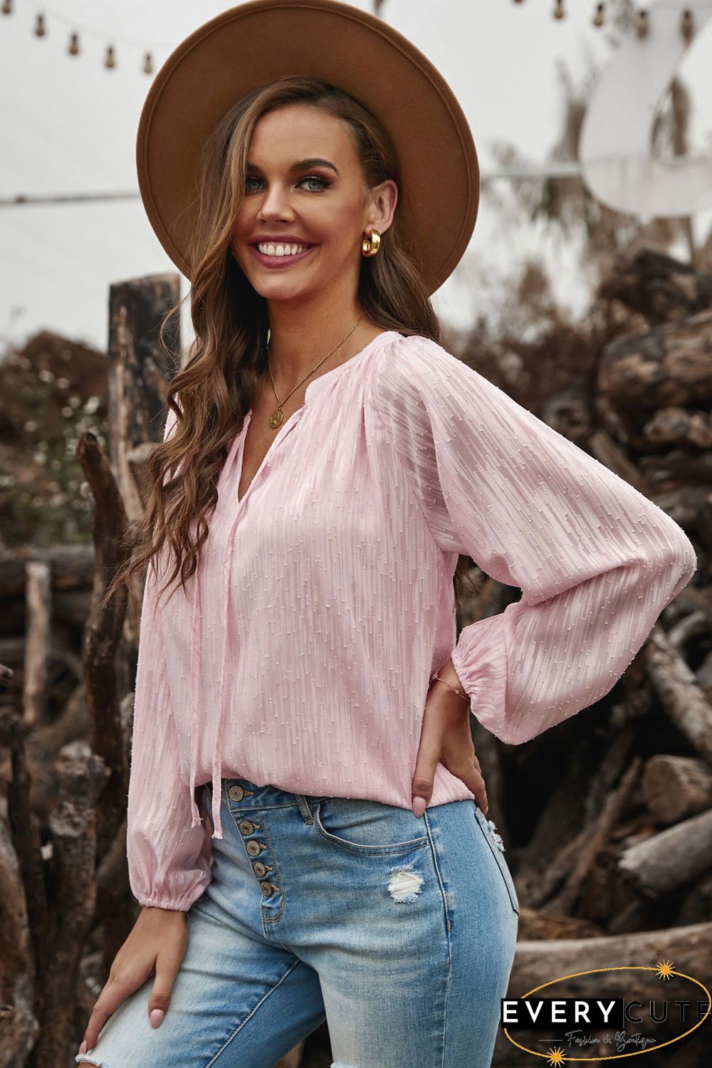 Pink V Neck Lantern Sleeve Textured Solid Top