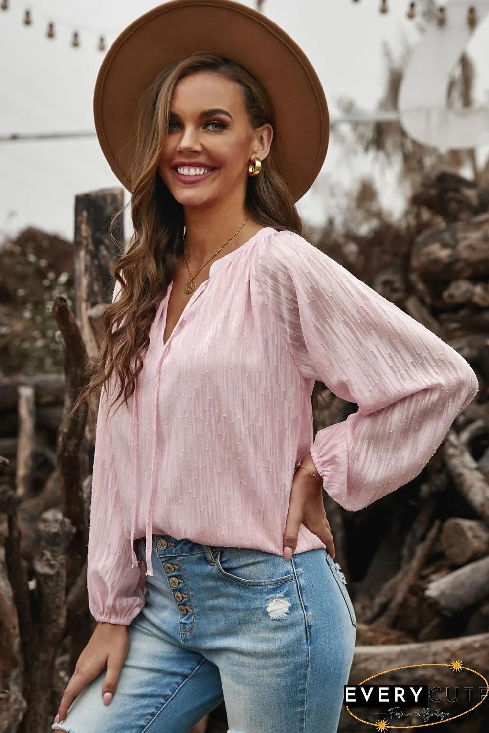 Pink V Neck Lantern Sleeve Textured Solid Top