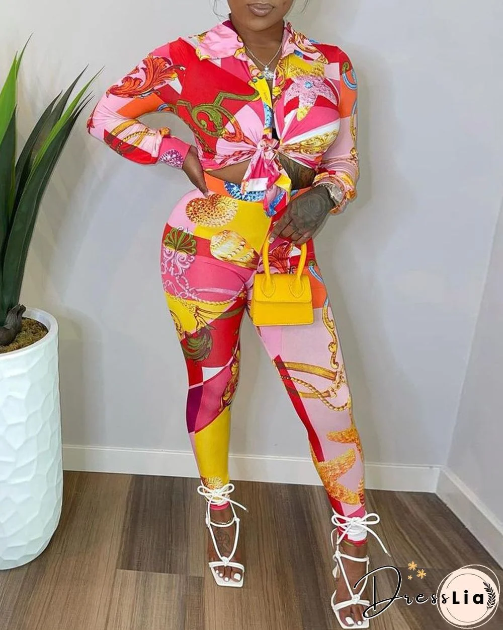 Scarf Graphic Print Buttoned Top & Pants Set