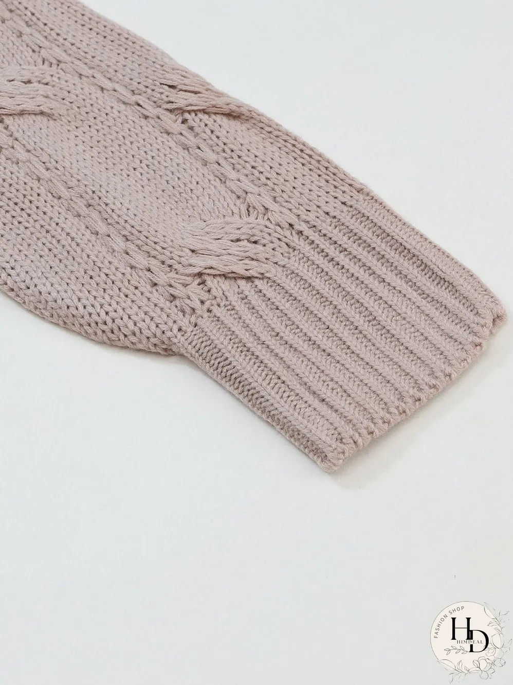 Apricot Eyelet Cable Knit Cardigan with Ribbed Trim