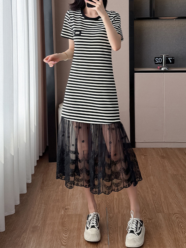 Striped Patchwork Lace Short Sleeve Midi Dress