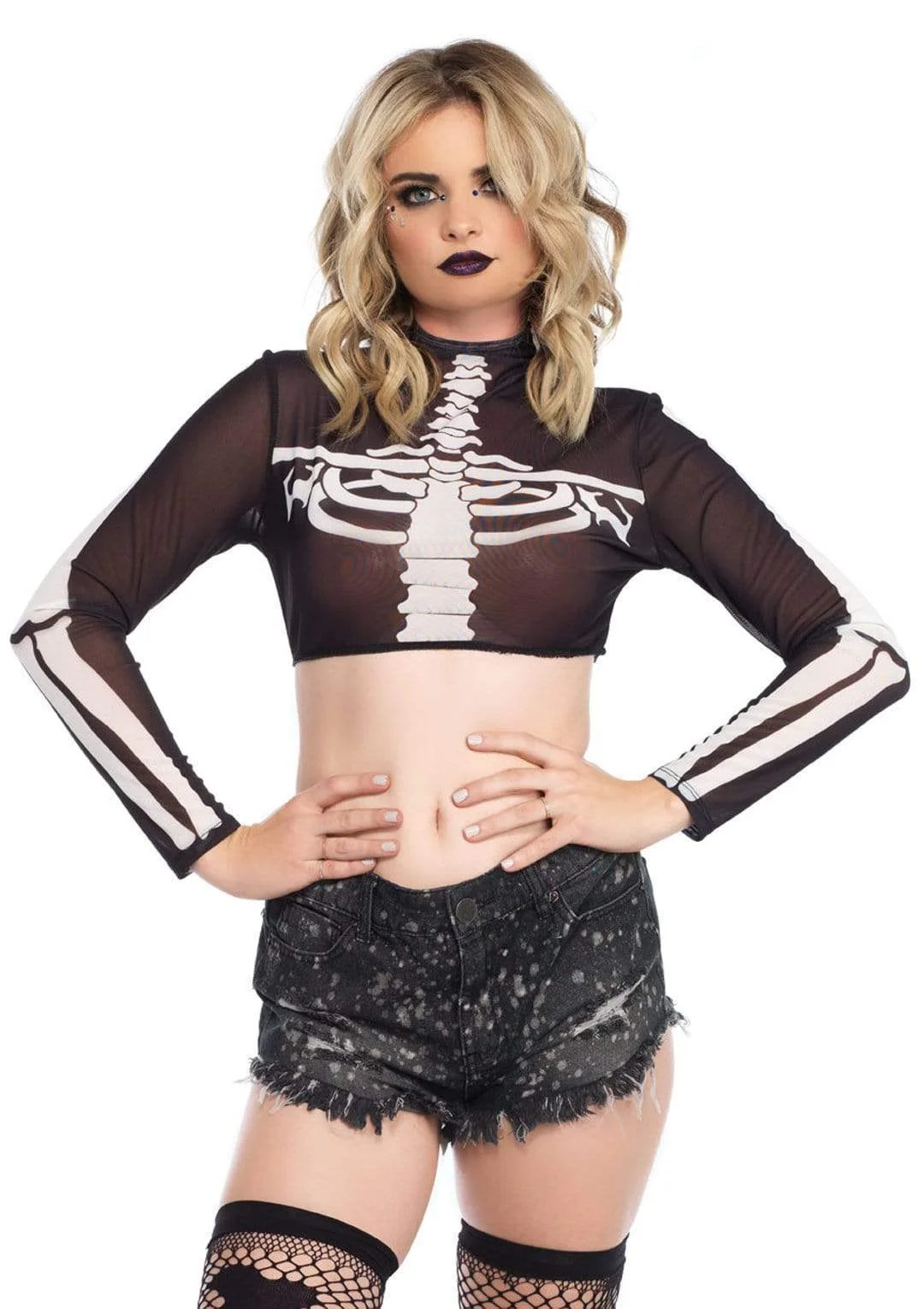 Skeleton High Neck Long Sleeve Mesh Crop Top