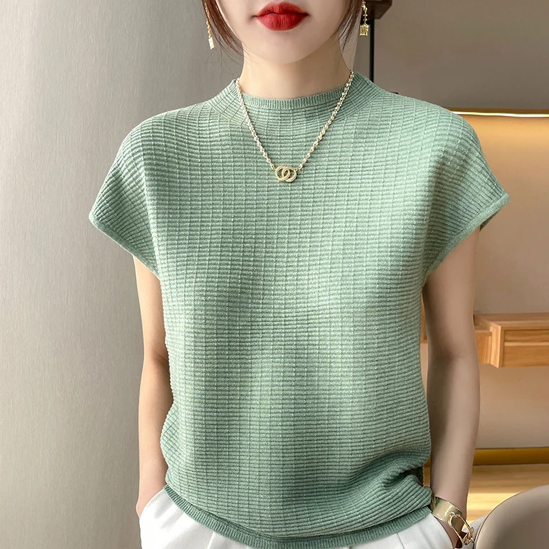 Churchf Churchf T-Shirt Women 2024 Spring Summer New Women's Half Sleeve Loose Show Thin Round Neck Knit Bottom Shirt Jacket Women