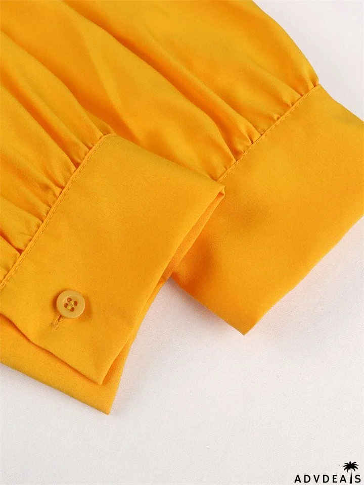 V-Neck Long Sleeve Slim Pleated A Line Long Dresses