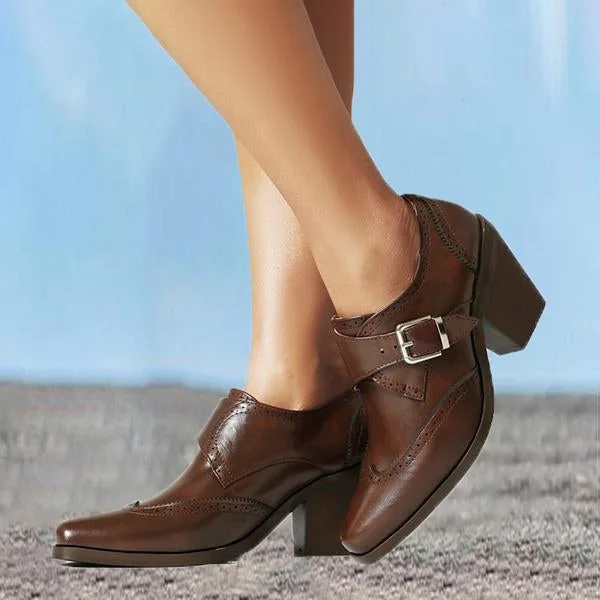 Women's Preppy Style Belt Buckle Chunky Heel Oxford Shoes Radinnoo.com