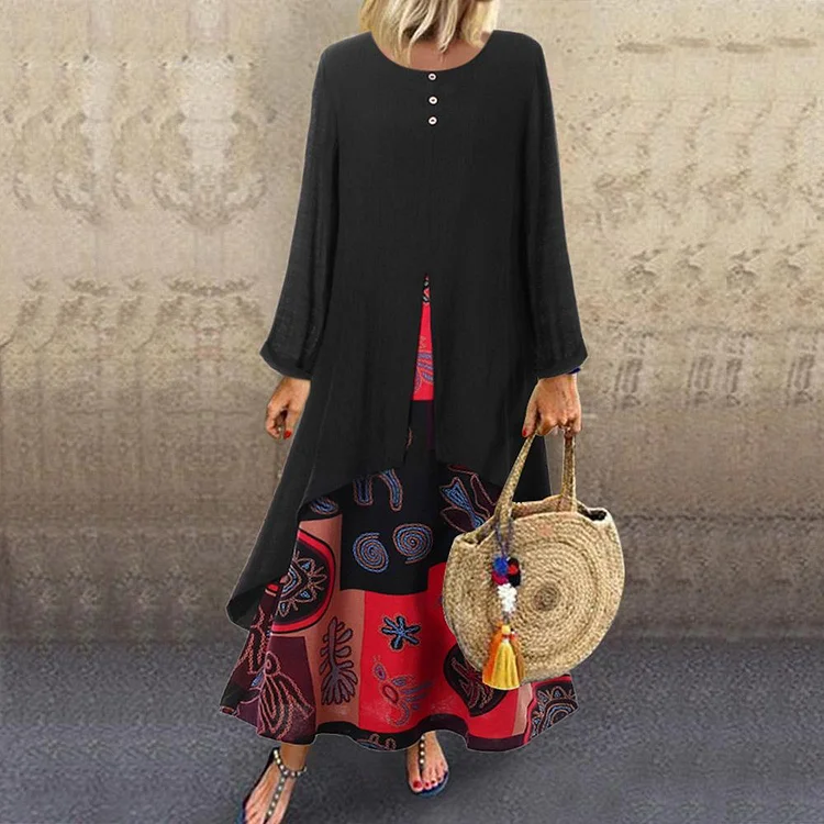 Women Long Sleeve Cotton-Linen Fake 2 Piece Patchwork Split Maxi Dress