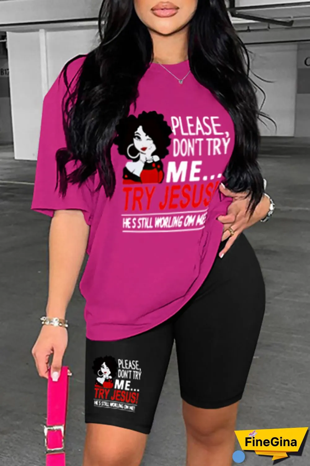 Pink Casual Print Basic O Neck Short Sleeve Two Pieces