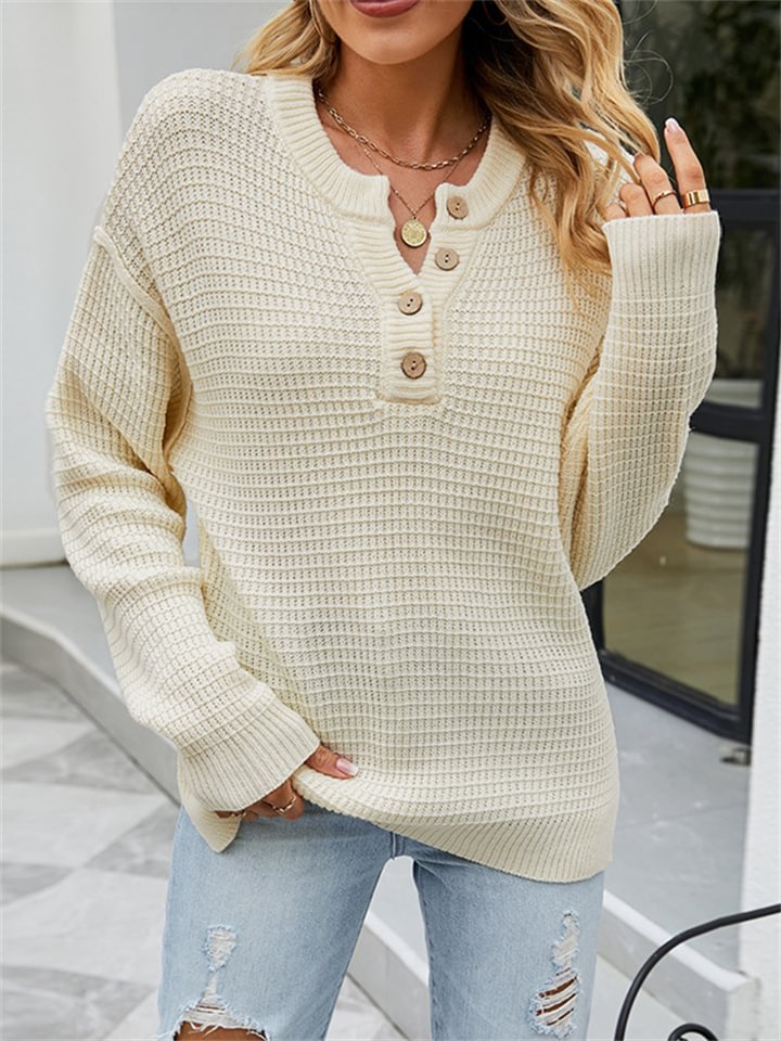 Casual Loose Solid Color Button Sweater | EGEMISS