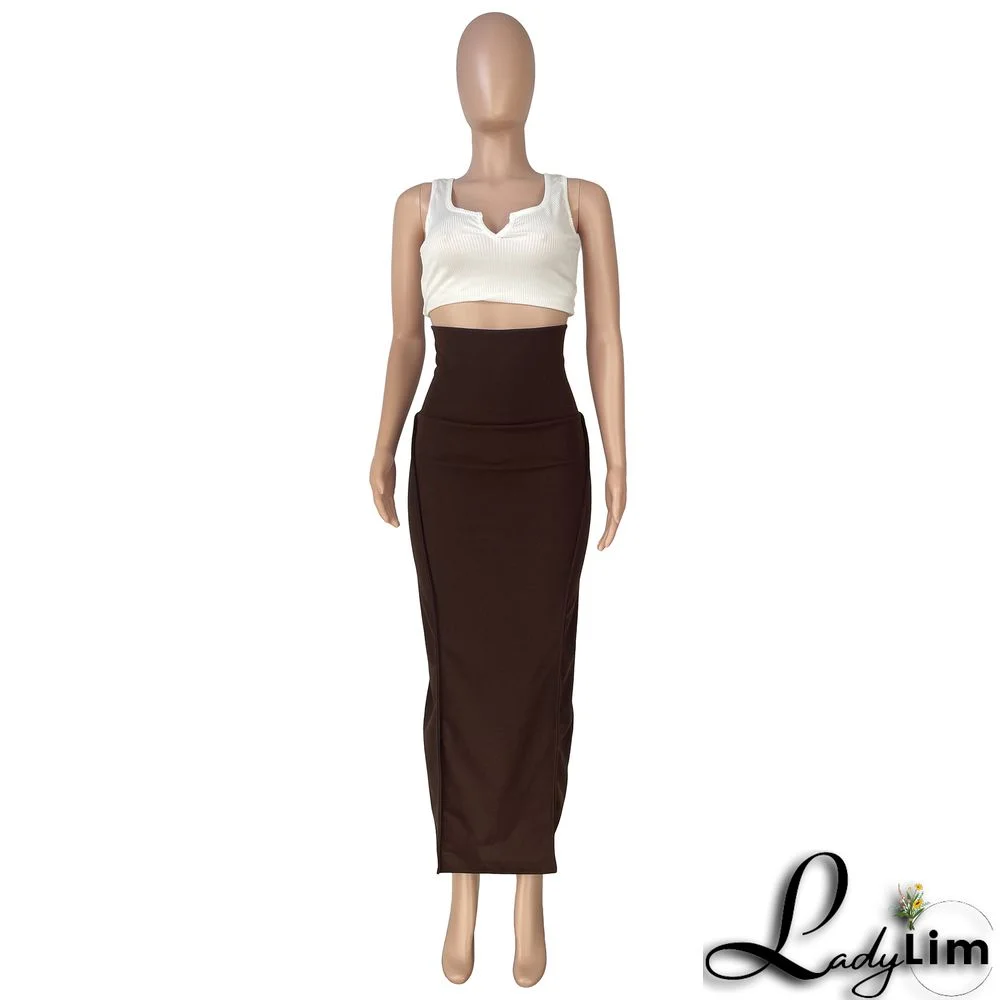 Women's Fashion Solid Color High Waist Elastic Tummy Control Patchwork Car Trim Maxi Dress