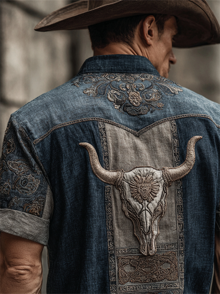 Men's Bull Skull Western Embroidered Denim Patchwork Linen Shirt