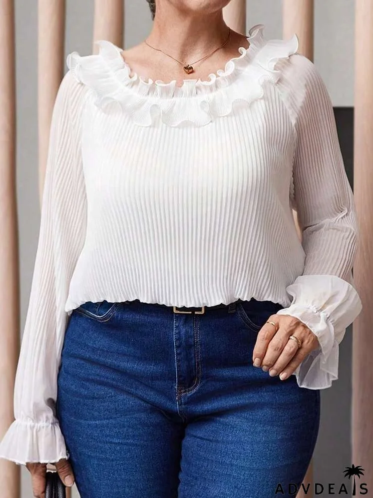 Plus Size Women Autumn Solid Color Splice Ruffle Trim Raglan Sleeve Elegant Blouse