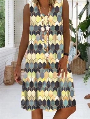Spring 2021 Geometric Digital Print Midlength Sleeveless Casual Dress