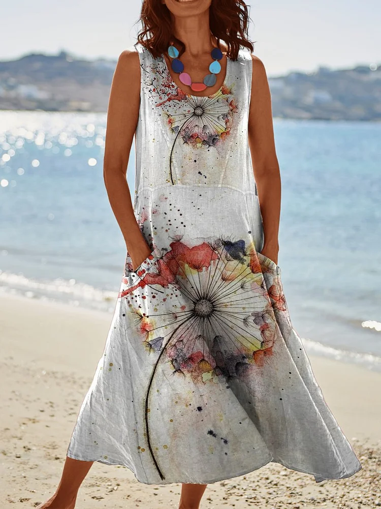 Womens Colourful Dandelion Print Pocket Pinafore Linen Dress