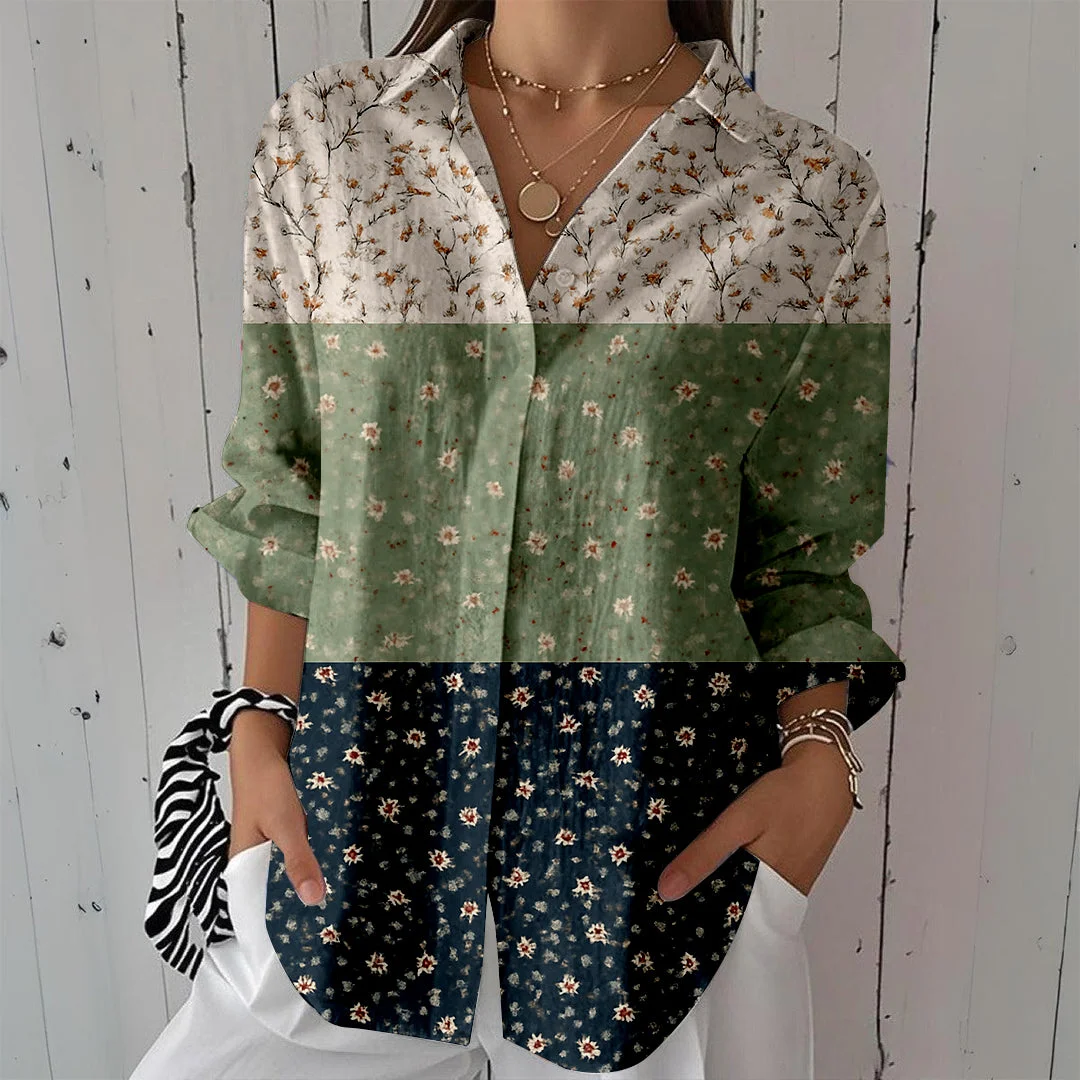 Style & Comfort for Mature Women Women Floral, Green, Patchwork DZCL0046 3/4 Sleeve Shirt Collar Printed Button Tops
