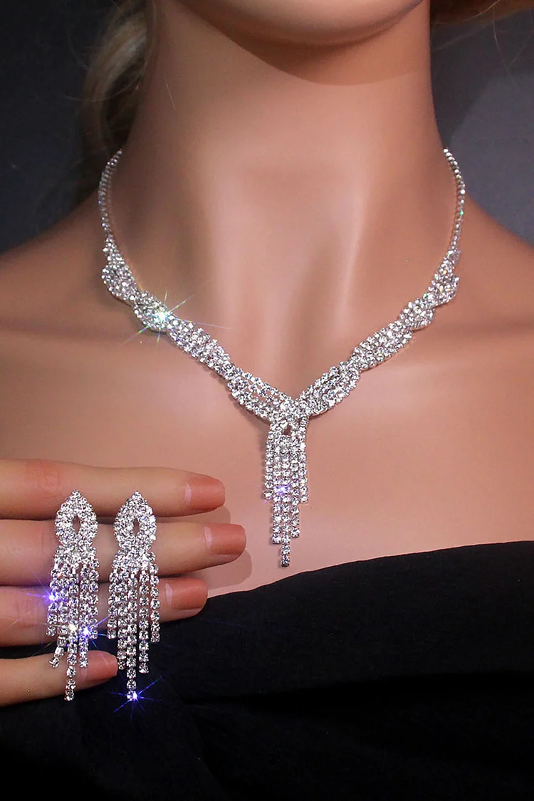 Wedding Rhinestone Tasessl Necklace Earring Two Piece Jewelry Set