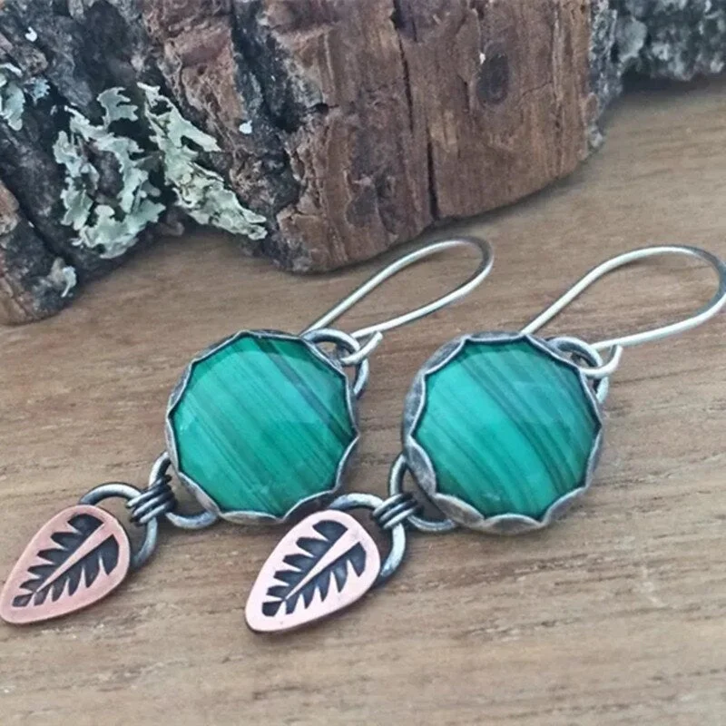 Fashion Round Silver Color Inlaid Green Stone Earring Women Personality Rose Gold Color Feather Dangle Wedding Earrings Jewelry