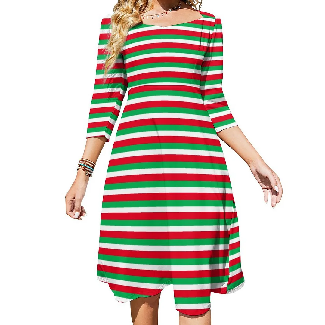 Christmas Gnomes On Green Red Striped Dress Sweetheart Tie Back Flared 3/4 Sleeve Midi Dresses