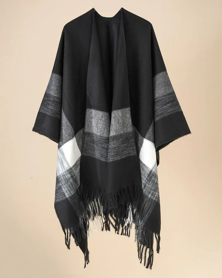 Women's Black Plaid Casual Cape Shawl 002