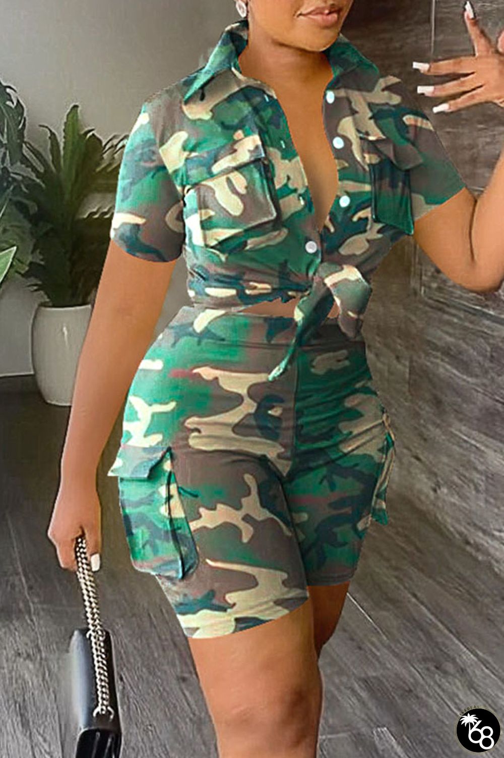 Camouflage Casual Street Print Camouflage Print Patchwork Buckle Turndown Collar Short Sleeve Two Pieces | 168DEAL