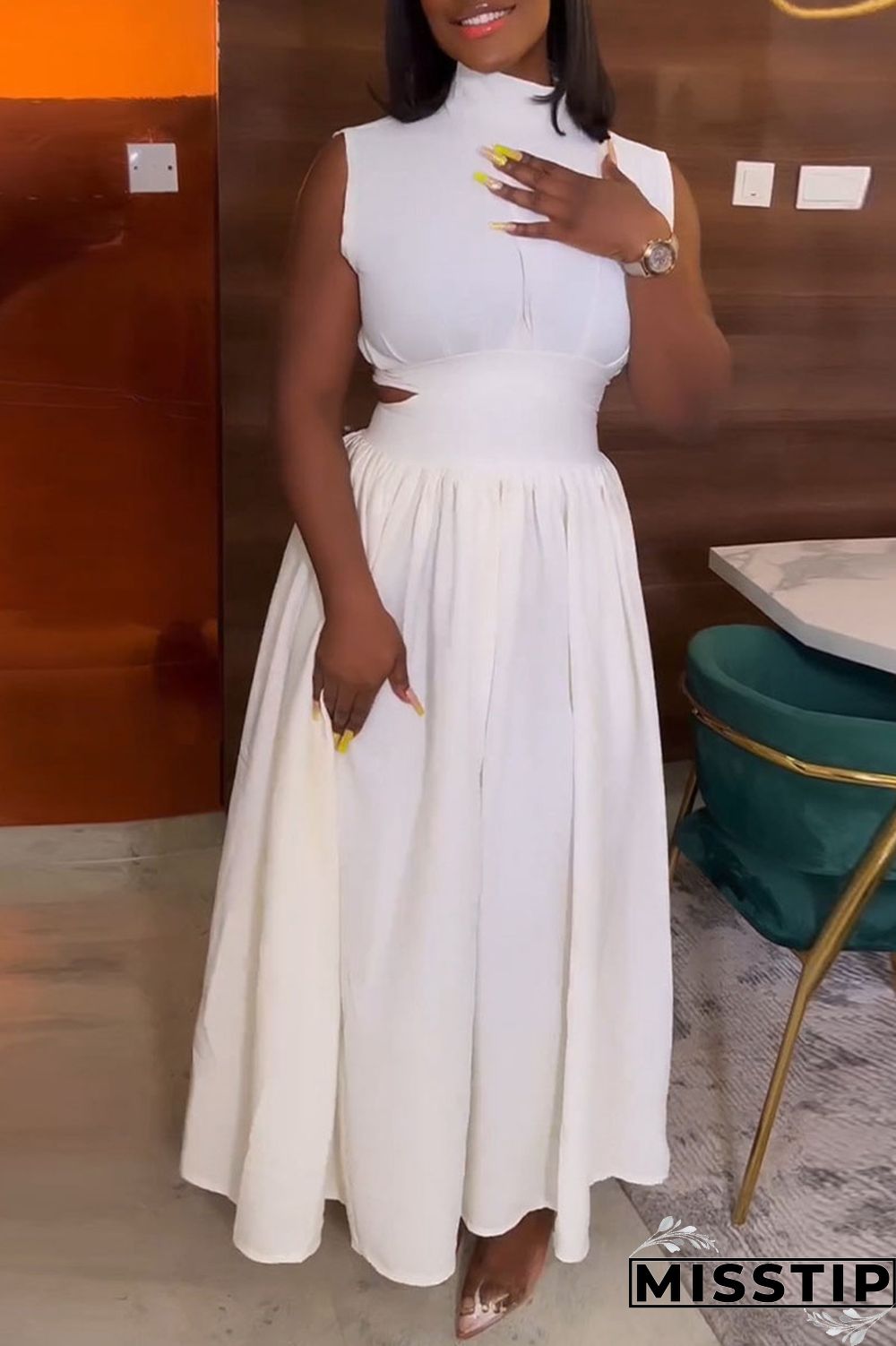 Black Elegant Solid Hollowed Out Patchwork Half A Turtleneck A Line Dresses