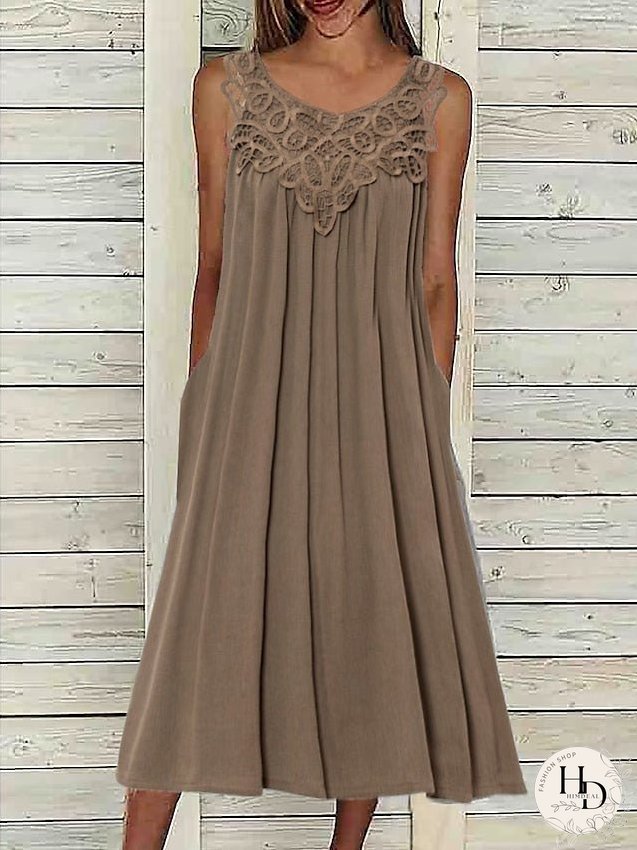 Casual Dress Cotton Linen Dress Tank Dress Midi Dress Cotton Blend Basic Modern Outdoor Daily Crew Neck Lace Patchwork Sleeveless Summer Spring Loose Fit Brown Plain S M L XL 2XL for Women