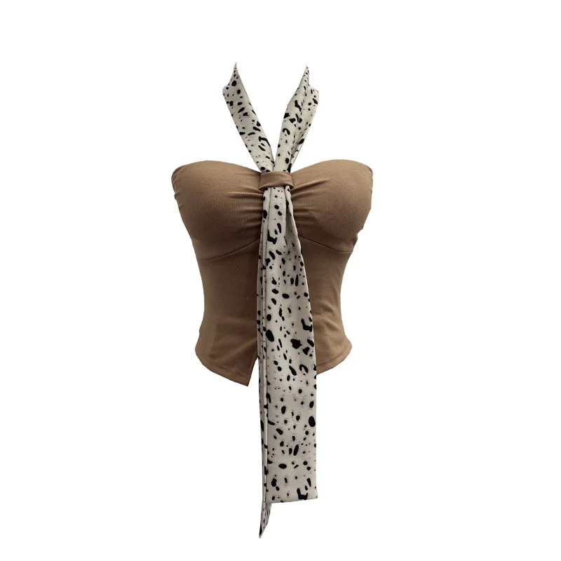 Nigikala Nigikala Shot Leopard-Print Silk Scarf Hanging Neck Design Folded Bra Strap Chest Pad Vest Short Sleeveless Top Lady 9206