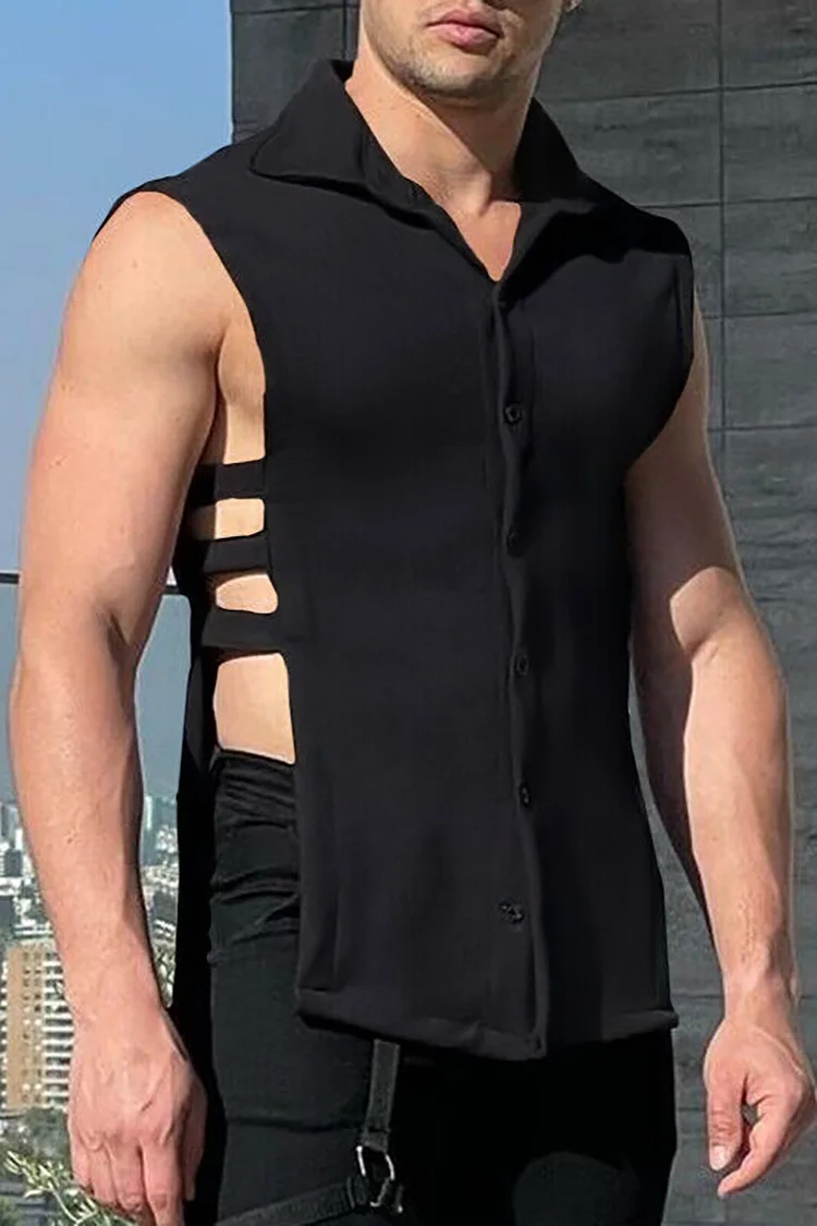 CicifulCasual Hollow Out Sleeveless Button Slim Shirt