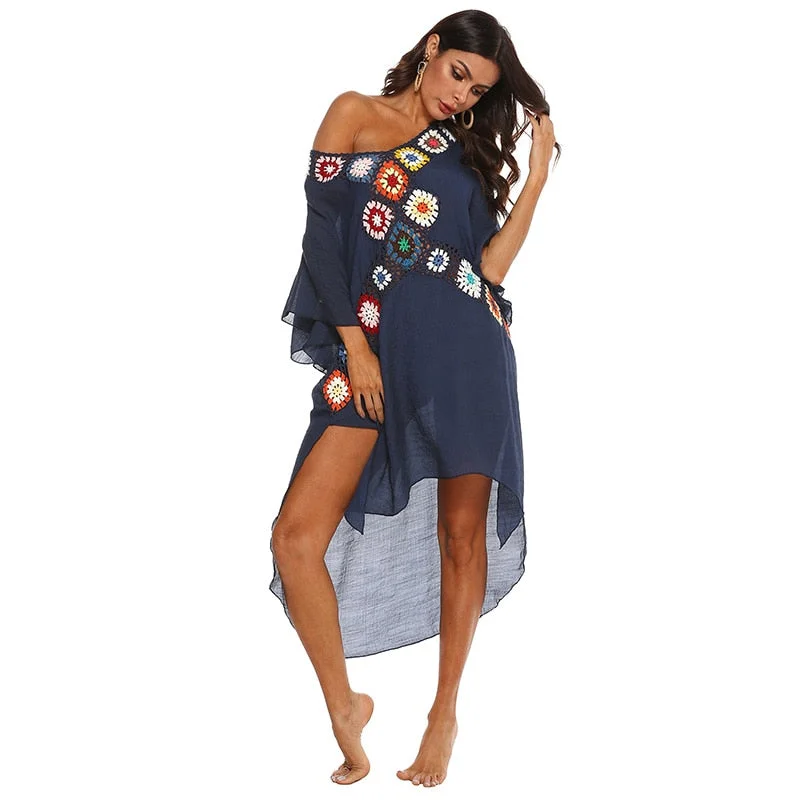 Fitshinling Handmade Crochet Summer Beach Dress Women's Swimwear 2021 Transparent Sexy Oversized Robe Irregular Bohemian Pareo