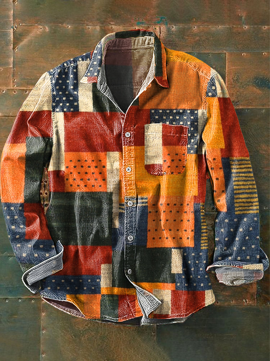 Men's Vintage Ethnic Geometric Art Print Long Sleeve Pocket Shirt