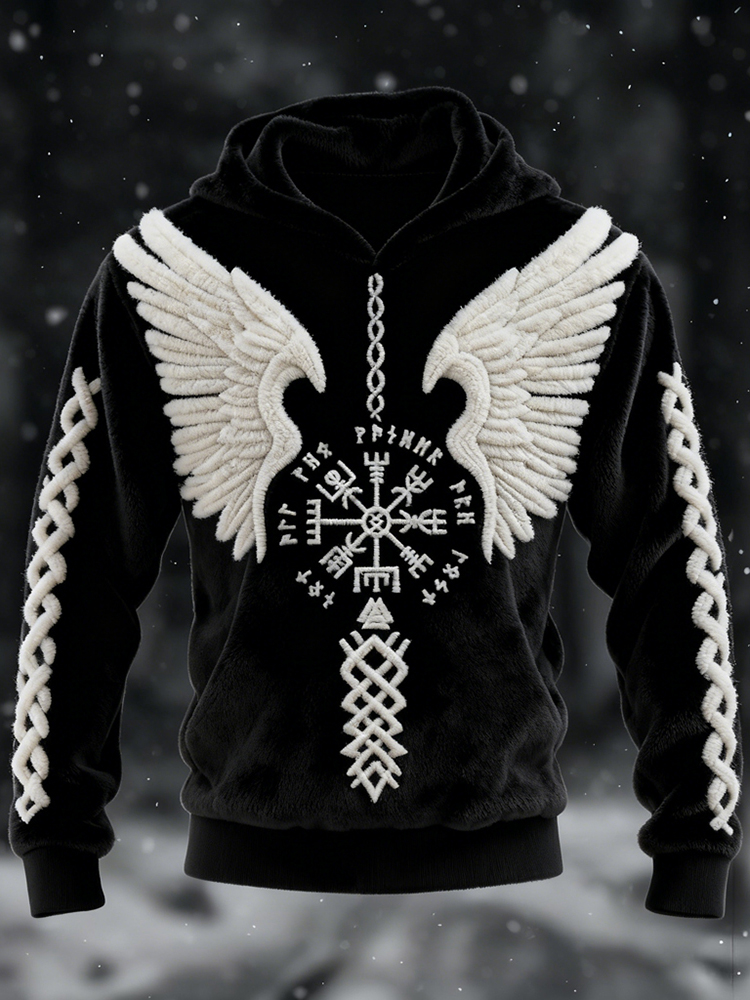 Men's Viking Vegvisir With Wings Embroidered Cozy Plush Hoodie elevenforest