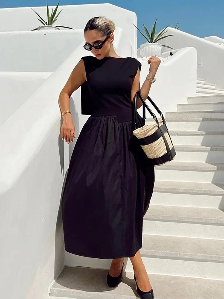 Ejimei Women's Pleated O-neck Sleeveless Dresses Elegant Casual Solid Wrapped Waist Maxi Dress Summer Fashion Female High Street Robes