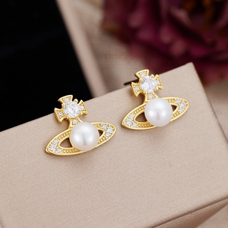 1 Pair 18K Gold Plated White Gold Plated 925 Sterling Silver Pearl Zircon 925 Sterling Silver Earrings Geometric Planet Ear Studs
