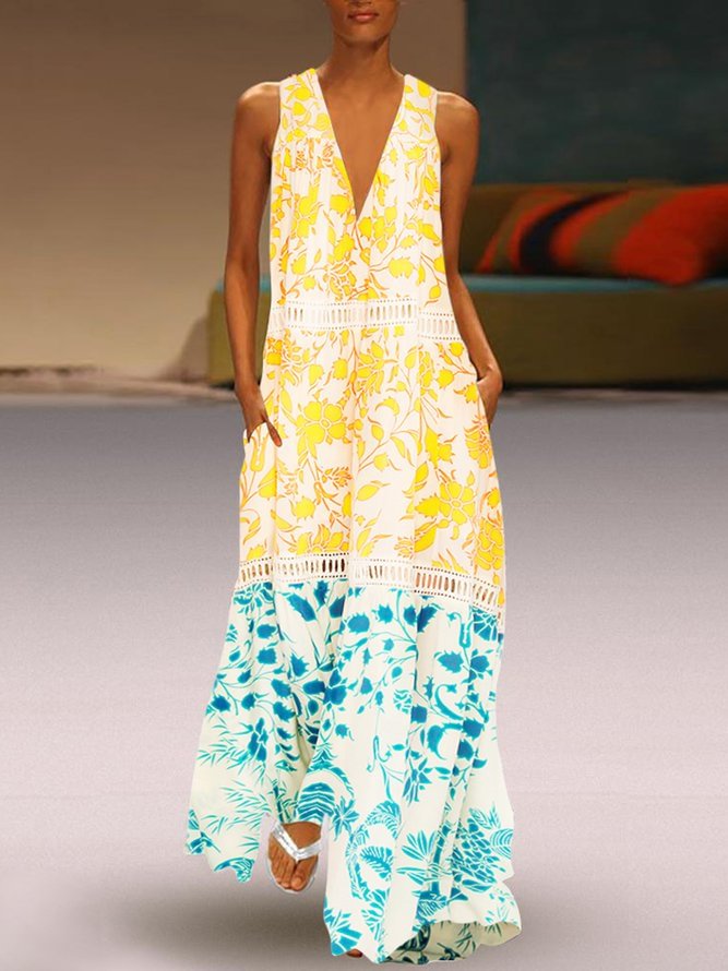 V Neck Yellow Women Summer Dresses Shift Daily Casual Floral Dresses Zaesvini