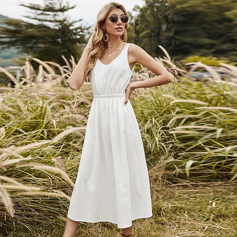  2022  Graduation Party  Gift  Sweet White Suspender Dress Woman Sleeveless High Waist Holiday A-Line Dress  New Summer Basic Fashion