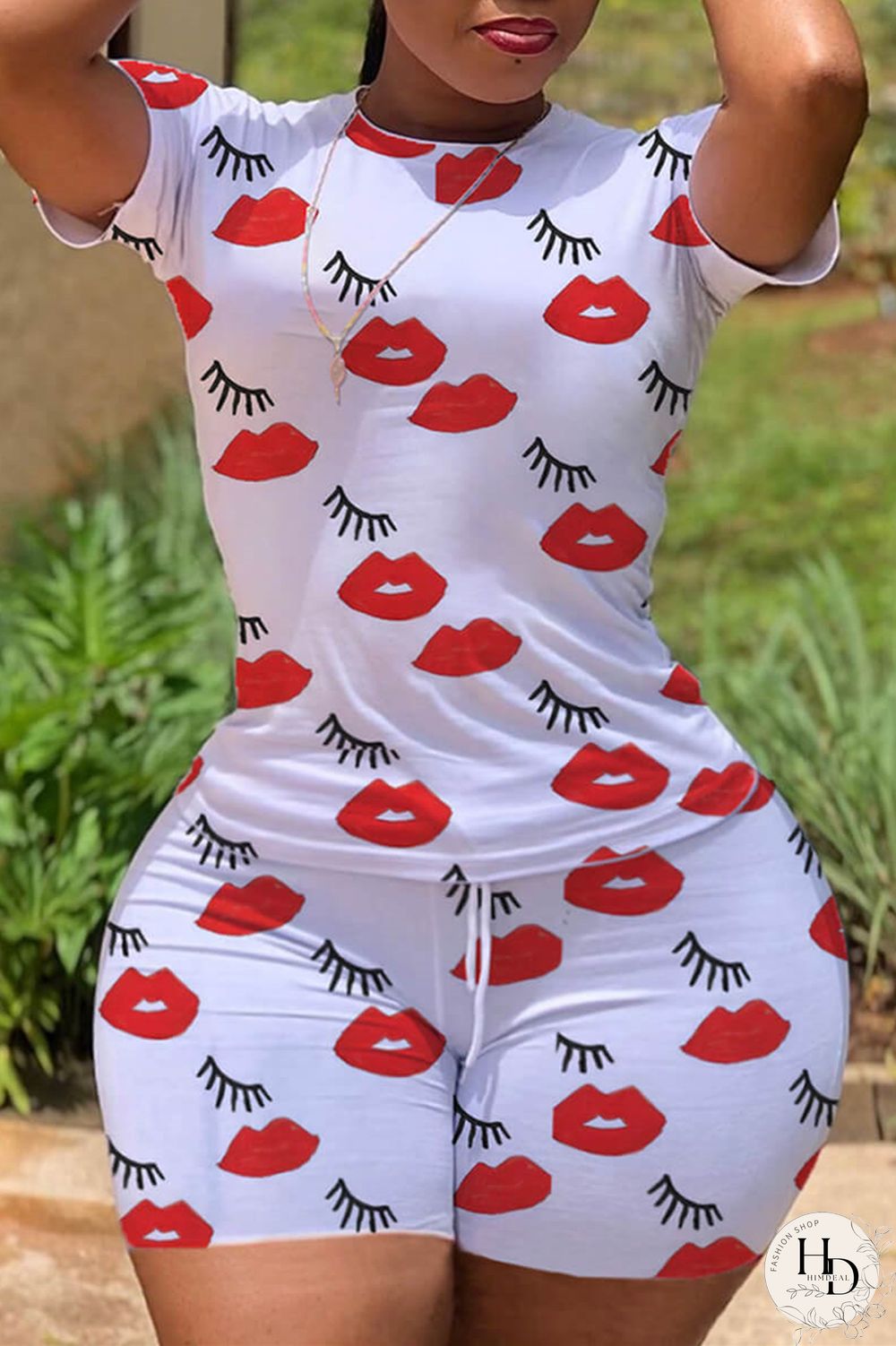 White Fashion Casual Lips Printed Basic O Neck Plus Size Two Pieces